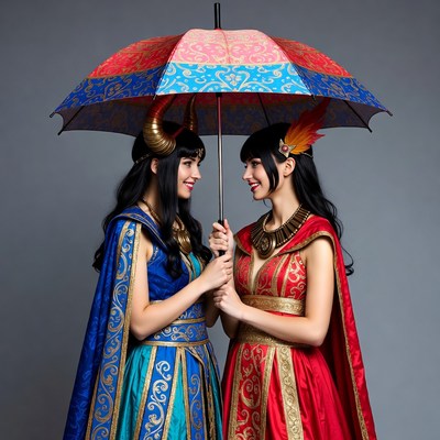 Women in colorful costumes under umbrella