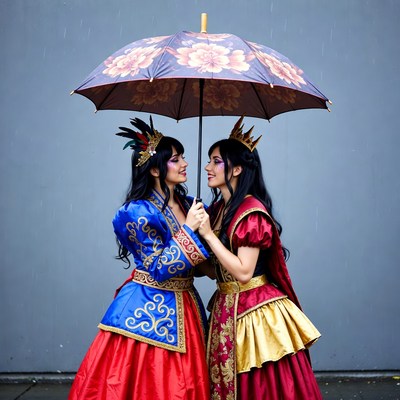 Two women under an umbrella