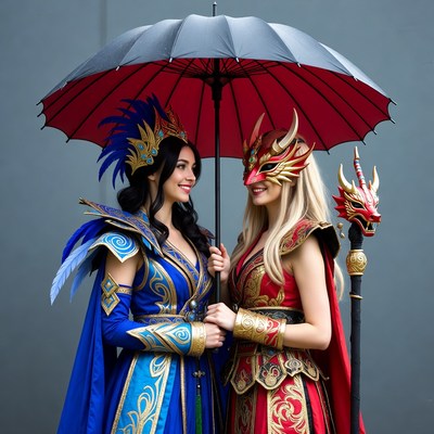 Two women holding an umbrella in costumes