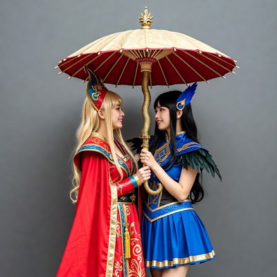 Cosplay friends share a moment together