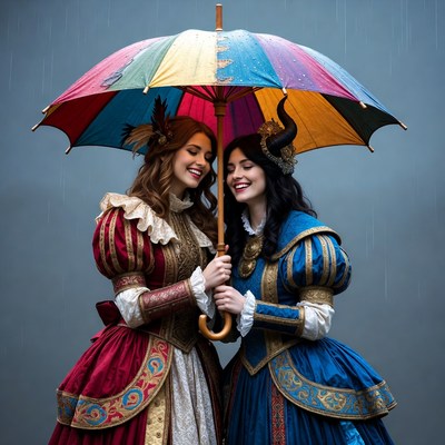 Friends sharing an umbrella in costumes
