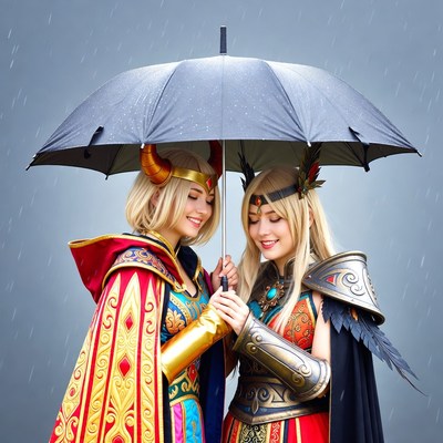 Cosplayers share an umbrella on a rainy day