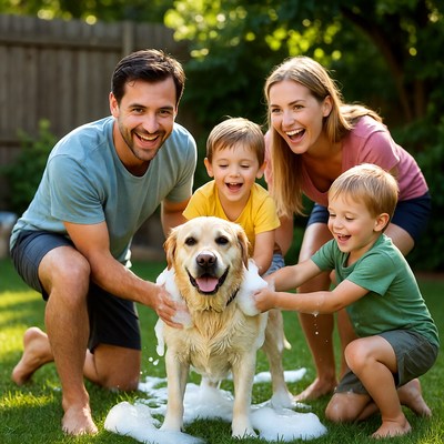 Family bath time with dog outside