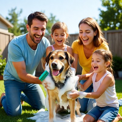 Family bath time with dog in backyard