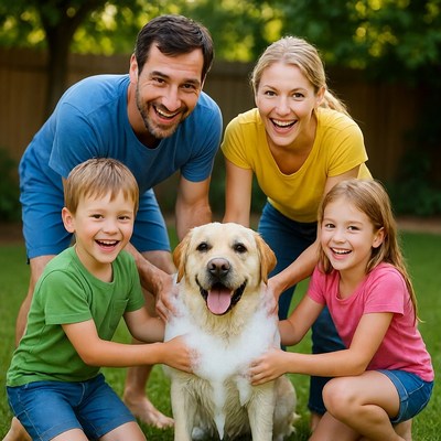 Family and pet in backyard moment