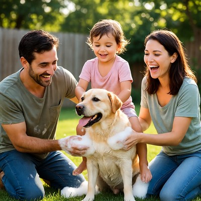 Family bathing dog in backyard