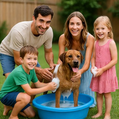 Family washes dog in backyard