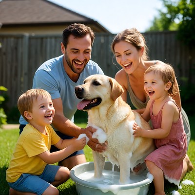 Family bathing dog in backyard