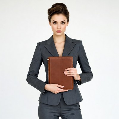 Businesswoman holding a leather folder
