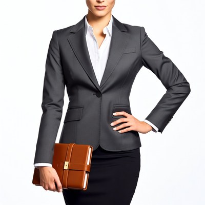 Businesswoman in formal attire holding a portfolio