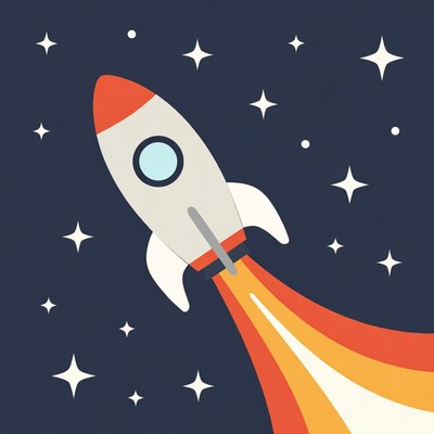 Rocket flying through space at night