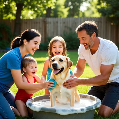 Family enjoys bath time with dog