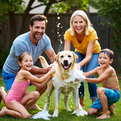 Family washes dog in backyard