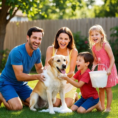 Family bathes dog in backyard