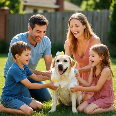 Family bath time with dog outside