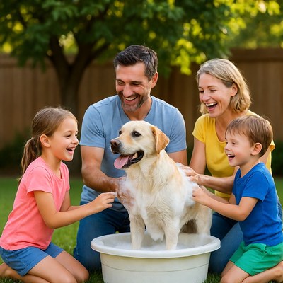 Family bathes dog in backyard