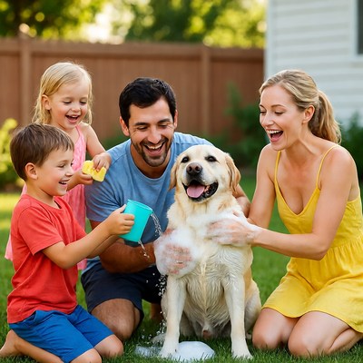 Family washes dog in backyard on sunny day