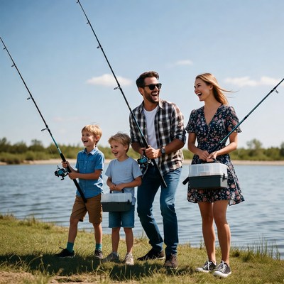 Family enjoys fishing by the lake