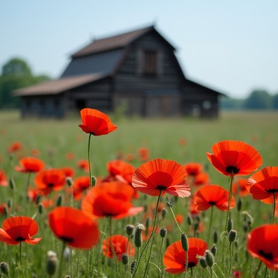 Poppies blooming near barn