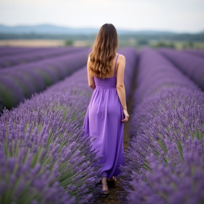 Woman walks in lavender field