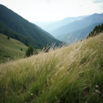 Grass swaying in mountain breeze