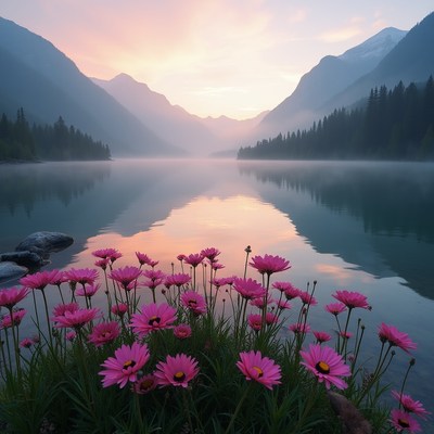 Flowers by the lake at sunrise