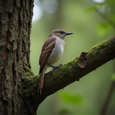 Bird perched on a mossy branch in forest