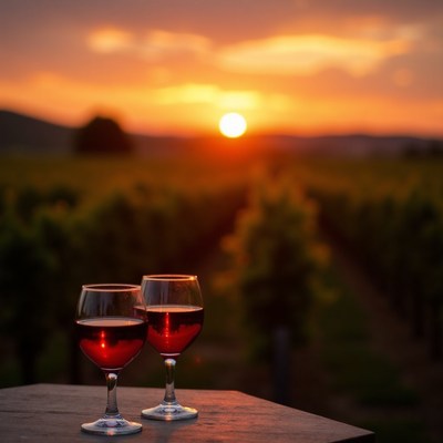Sunset with red wine in vineyard
