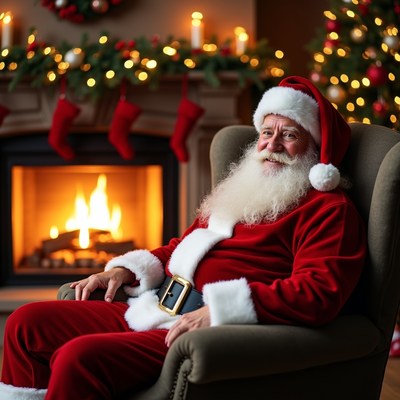 Santa sits by the fireplace