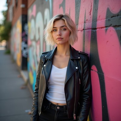 Young woman stands by graffiti wall