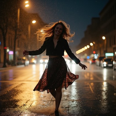 Woman dances in the rain at night
