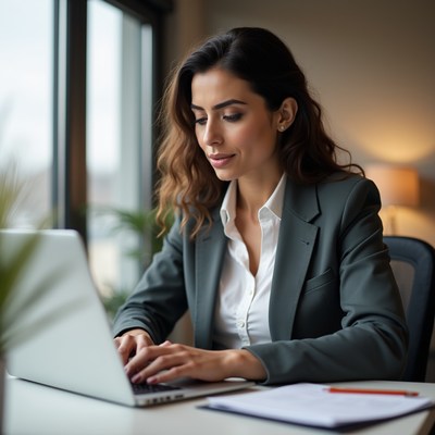 Woman working at a laptop in an office