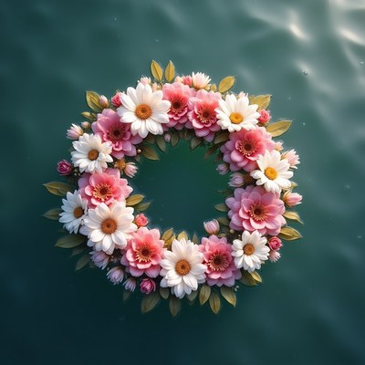 Flowers arranged in circular pattern on water
