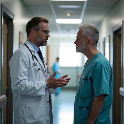 Doctors have discussion in hospital hallway