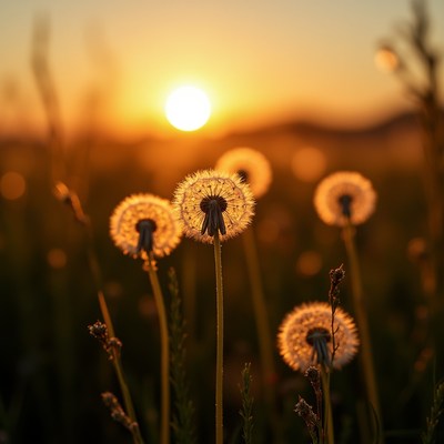 Dandelions at sunset in a field