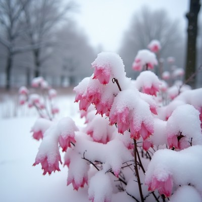Snow covers pink flowers in winter