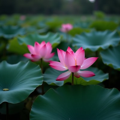 Pink lotus blooms under soft light