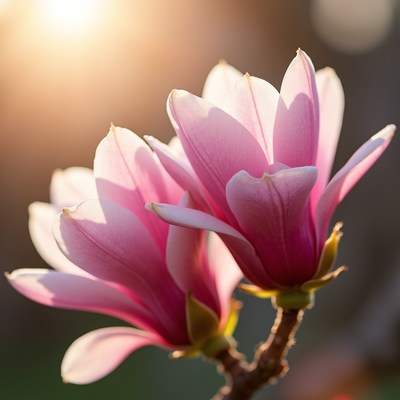 Magnolia flowers bloom in spring sunlight