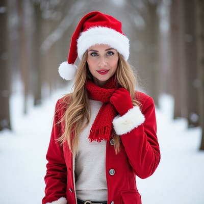 Woman in red coat in winter forest