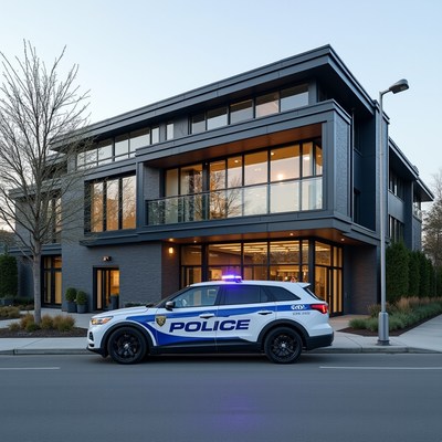 Police vehicle parked outside modern building