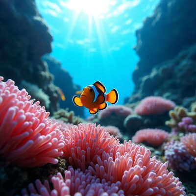 Clownfish swimming near coral reef
