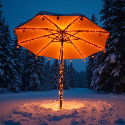 Umbrella with lights in snowy forest