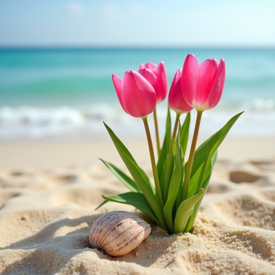 Tulips by the seashore with shell