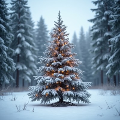 Snowy christmas tree in forest
