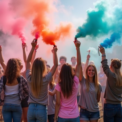 Friends celebrate with colorful smoke in a park