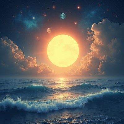 Bright sun setting over ocean waves