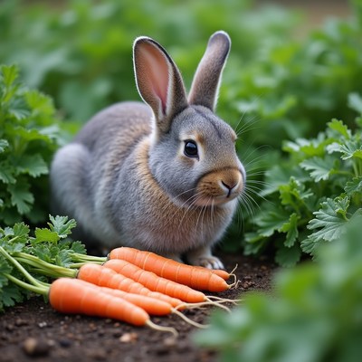 Rabbit sits beside fresh carrots