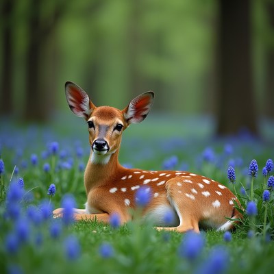 Deer resting in blue flowers