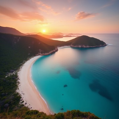 Sunset over calm beach scene