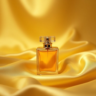 Bottle of perfume on yellow fabric